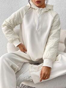 2pcs/Set Women Casual Patchwork Hooded Sweatshirt And Pants, Autumn / Winter