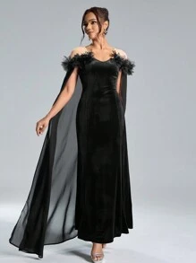 SHEIN Belle SHEIN Belle Herbst- und Winter-Bankett-Partymode, elegantes und luxuriöses schwarzes Abendkleid aus elastischem Samt mit enger Taille und übergroßem Rock, formelles Abendkleid für Damen im Herbst und Winter, dreidimensionales 3D-Blumendesign am Ausschnitt verleiht Mode und Eleganz, kann zu Partys, Banketten und Weihnachten getragen werden