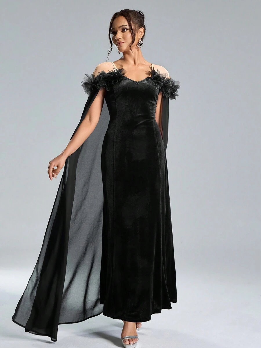 SHEIN Belle SHEIN Belle Herbst- und Winter-Bankett-Partymode, elegantes und luxuriöses schwarzes Abendkleid aus elastischem Samt mit enger Taille und übergroßem Rock, formelles Abendkleid für Damen im Herbst und Winter, dreidimensionales 3D-Blumendesign am Ausschnitt verleiht Mode und Eleganz, kann zu Partys, Banketten und Weihnachten getragen werden