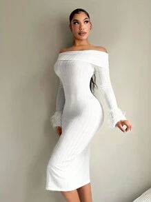SHEIN SXY Vestido blanco ajustado con pliegue en el hombro, empalmado, de punto esponjoso y elegante para mujer, otoño/invierno