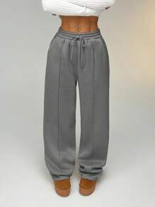 SHEIN EZwear Pebble Seam Detail Straight Leg Sweatpants Graduation,Back To School Outfits,Graduation,Teacher Outfits For Women,Back To School - Light Grey - View 3