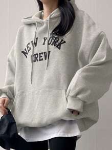 DAZY 女士字母印花连帽宽松抓绒卫衣 - 淺灰色 - 查看 2