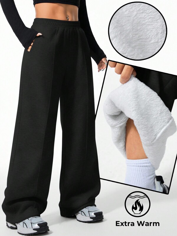 SHEIN Tween Girls' Versatile Casual Home All-Match Comfortable Soft Fleece-Lined Pleated Wide Leg Straight Sweatpants, Black, Children Fall Winter