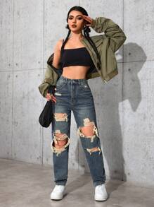 SHEIN EZwear Women Pocket Distressed Straight Leg Loose Casual Versatile Denim Jeans
