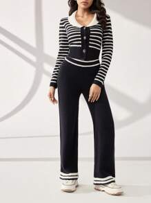 Modelyn Women 2pcs/Set Casual Button Decor Striped Sweater & Pants Set, Autumn/Winter - Black and White - View 3