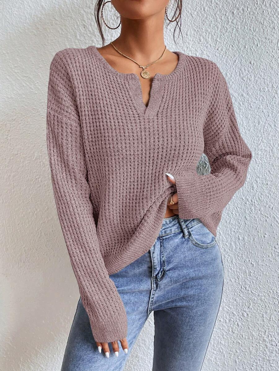 SHEIN Frenchy 秋冬款缺口领落肩毛衣 - 藕粉色 - 查看 1