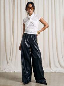 AiiRZ 花卉蕾丝盖袖 T 恤芭蕾裹身细节高领修身女性场合特殊活动优雅晚会春夏婚礼宾客 - 白色 - 查看 4