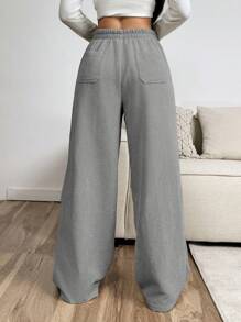 SHEIN EZwear Women's Gray Drawstring Pockets Casual Woven Wide Leg Pants