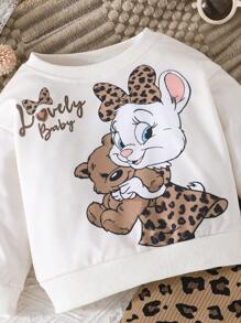 SHEIN Playful Pals 2 件套女婴长袖可爱兔子和熊印花运动衫 + 豹纹裤，休闲户外套装，春秋 - 彩色 - 查看 5