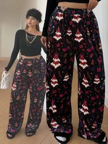 Flirla Plus Size Women Christmas Adorable Home Thickened Straight Leg Patterned Leggings, For Winter