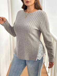 SHEIN Essnce Plus Size Women's Autumn Winter Lace Splicing Brushed Ribbed Long Sleeve T-Shirt,Smart Casual Everyday White Khaki Gray Pullover Fuzzy Teacher Tops - Apricot - View 6