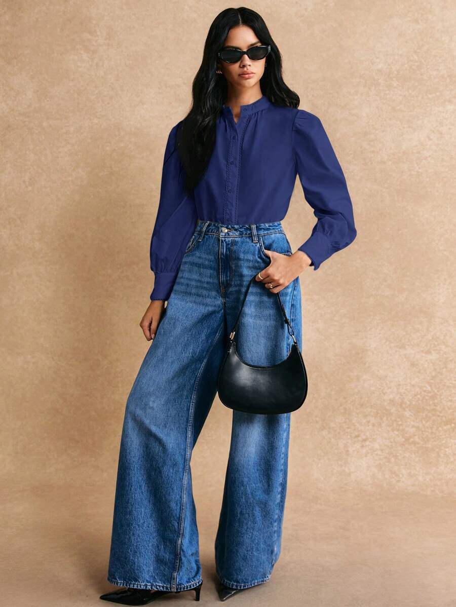 Poéselle 女士单排扣长袖纯色休闲上衣，简约设计，日常穿着 - 藍色 - 查看 1