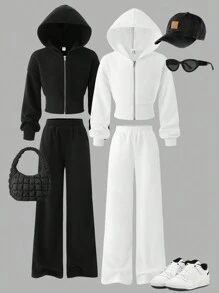 SHEIN Tween Girl 羊毛保暖纯白色和纯黑色休闲针织连帽衫夹克和运动裤 4 件套，返校，休闲校服，适合日常、上学、外出，秋冬季保暖 - 彩色 - 查看 1