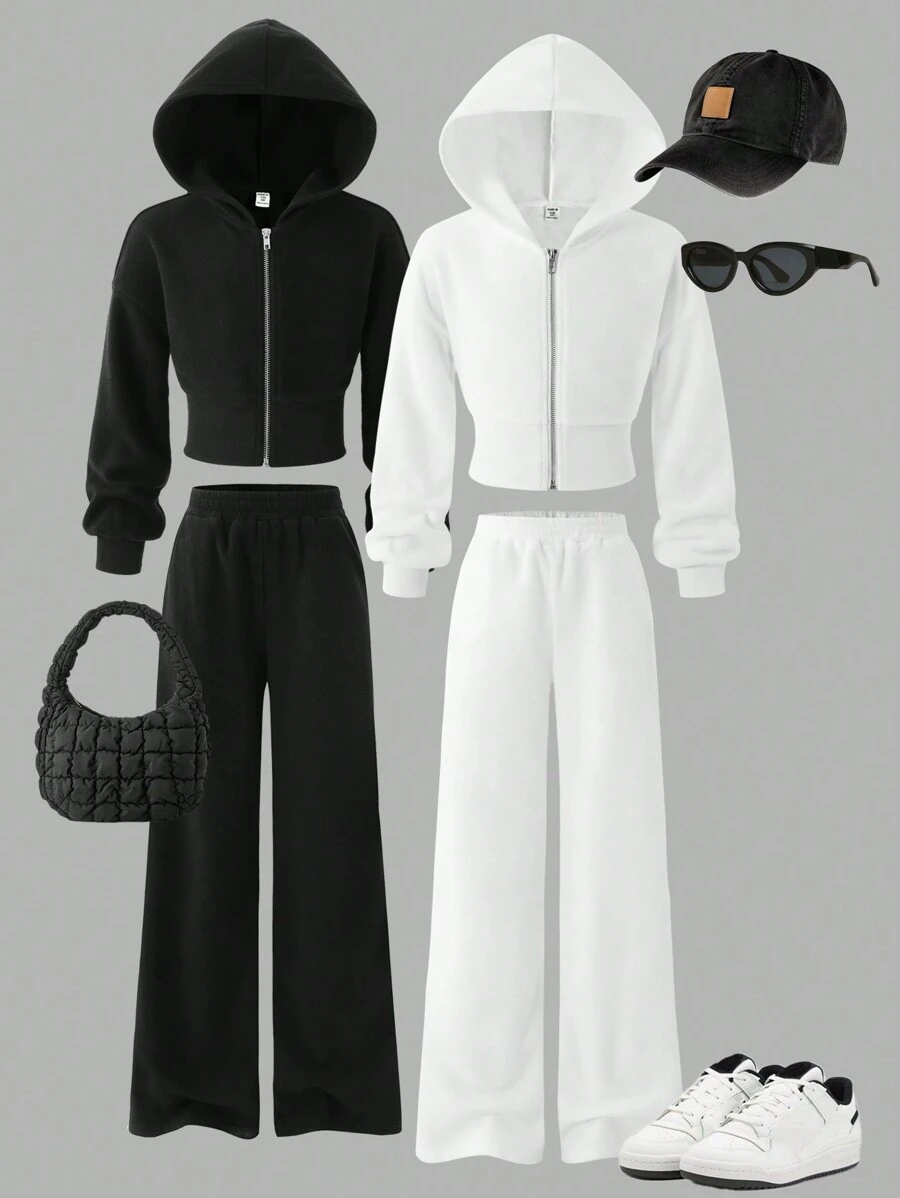 SHEIN Tween Girl 羊毛保暖纯白色和纯黑色休闲针织连帽衫夹克和运动裤 4 件套，返校，休闲校服，适合日常、上学、外出，秋冬季保暖 - 彩色 - 查看 1