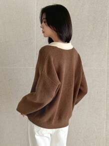 DAZY 1 pieza Jersey casual de mujer con bloqueo de color, hombro caído y manga larga, para otoño/invierno