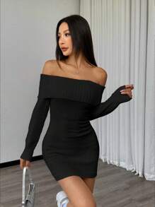 Vestido mini ajustado con escote descubierto de color liso, estilo casual para otoño/invierno - Negro - Ver 5