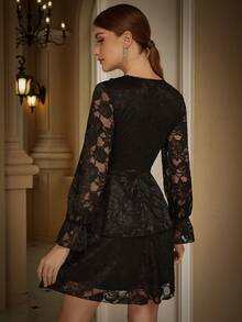 Eilly Bazar Ruffle Trim Flounce Sleeve Lace Party Dress - Black - View 2