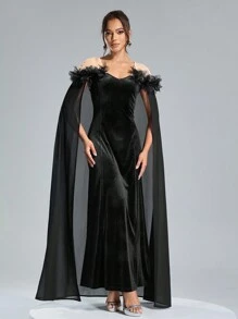 SHEIN Belle SHEIN Belle Herbst- und Winter-Bankett-Partymode, elegantes und luxuriöses schwarzes Abendkleid aus elastischem Samt mit enger Taille und übergroßem Rock, formelles Abendkleid für Damen im Herbst und Winter, dreidimensionales 3D-Blumendesign am Ausschnitt verleiht Mode und Eleganz, kann zu Partys, Banketten und Weihnachten getragen werden