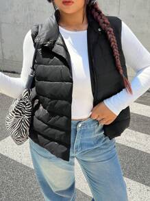 SHEIN EZwear Gesteppte Weste mit Stehkragen in Große Größen, Classic Reißverschluss, warm für Herbst & Winter