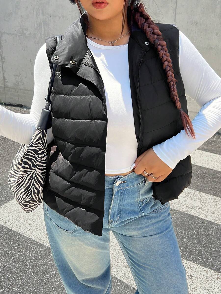 SHEIN EZwear Gesteppte Weste mit Stehkragen in Große Größen, Classic Reißverschluss, warm für Herbst & Winter