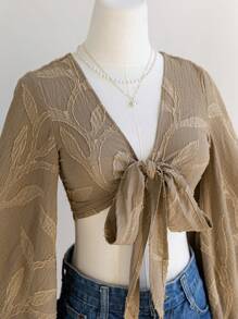 Soleia 女式波西米亚风音乐节棕色柳枝纹理前开领带结喇叭袖荷叶边袖口衬衫 - 咖啡棕 - 查看 5