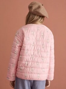 SHEIN Tween Girl Pink Cartoon Printed Zip-Up Pocket Crew Neck Long Sleeve Padded Coat, Autumn/Winter