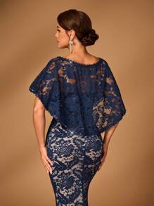SHEIN Belle Elegant Navy Blue Stretch Lace V-Neck Shawl Splicing Lace Slim Fit Fishtail Train Suitable For Mother To Attend The Evening Dance Party Wedding Bride Mother Dress Heavy Industry Dinner Dress, Mother Of The Bride Dress - Navy Blue - View 1