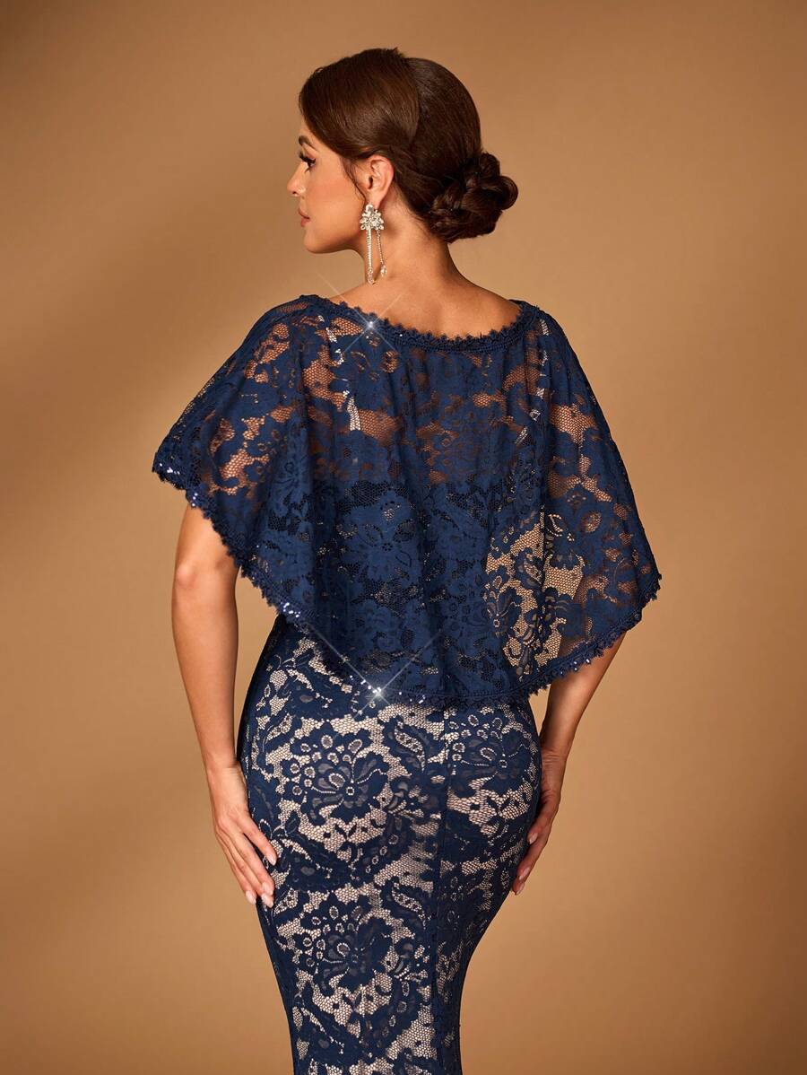 SHEIN Belle Elegant Navy Blue Stretch Lace V-Neck Shawl Splicing Lace Slim Fit Fishtail Train Suitable For Mother To Attend The Evening Dance Party Wedding Bride Mother Dress Heavy Industry Dinner Dress, Mother Of The Bride Dress - Navy Blue - View 1