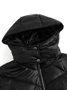 Flirla Cappotto imbottito con colletto alto, cappuccio, maniche lunghe, con cintura, tasche con zip, colore nero, abbigliamento invernale casual