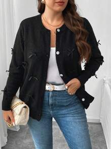 Flirla 大码纯色圆领蝴蝶结装饰修身长袖针织开衫 - 黑色 - 查看 5