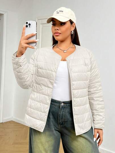 SHEIN EZwear Plus Size Women's Casual Short Apricot Down Jacket With Single-Breasted, Long Sleeve, Winter