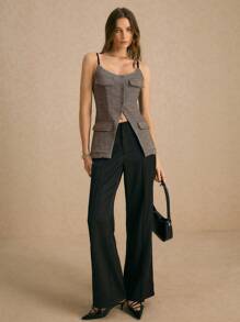 Poéselle Women's Herringbone Pattern Slit Hem Elegant Cami Top