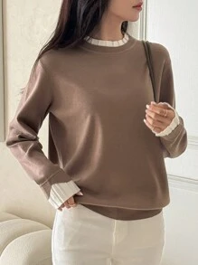 DAZY 女式双色荷叶边立领休闲宽松毛衣，长袖上衣秋季 - 棕色 - 查看 5