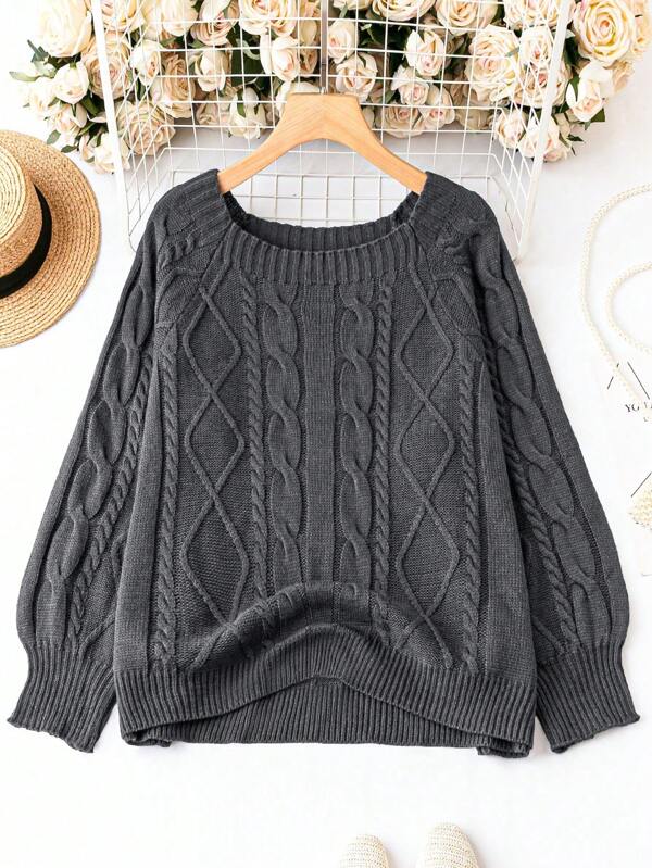 DreamSkyne Plus Size Women Plain Round Neck Long Sleeve Casual Pullover Sweater, For Winter Knit Pullover Fall Outfit