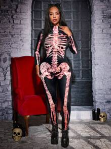 SHEIN SXY Women Skeleton Print Mock Neck Long Sleeve Bodycon Jumpsuit, Casual For Autumn
