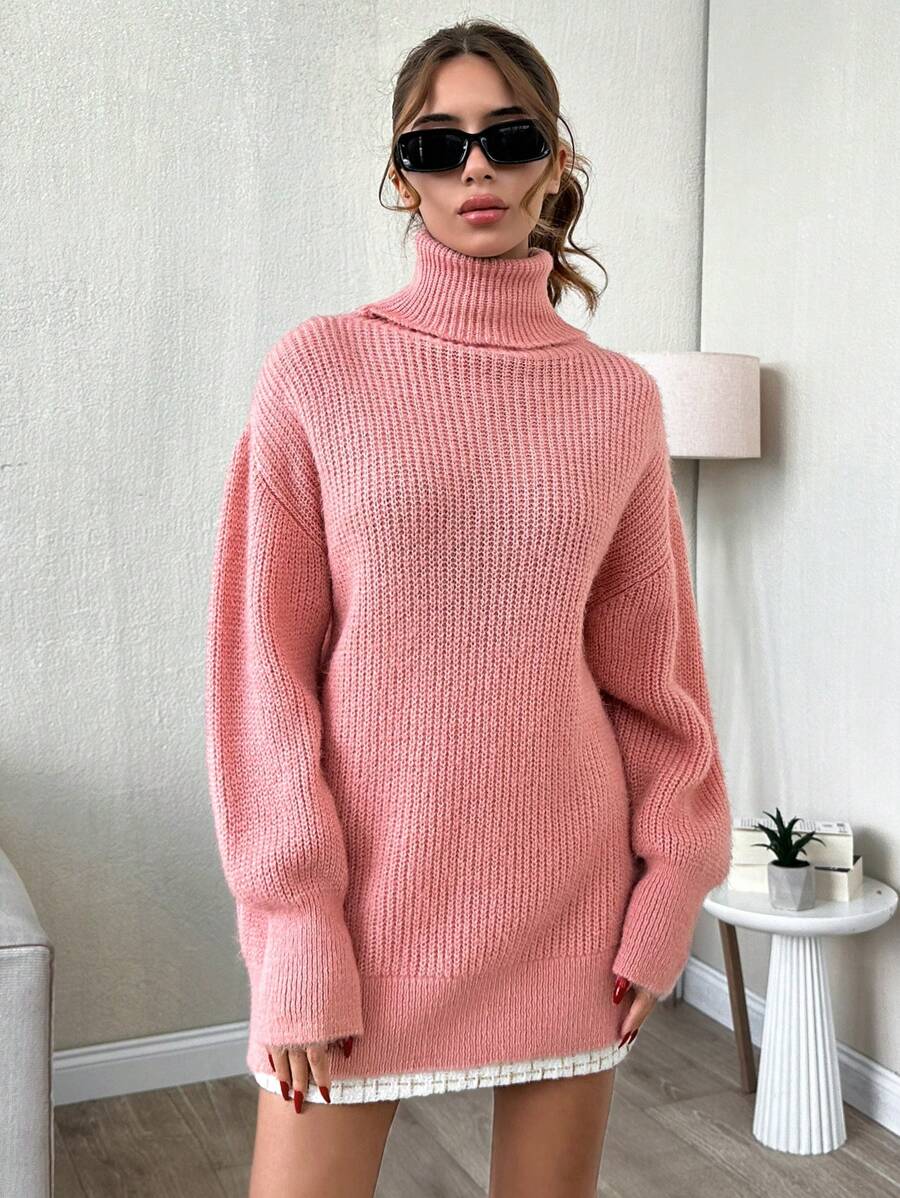 SHEIN Cottnline Suéter holgado de mujer con cuello alto y hombros caídos de tacto suave - Rosa vieja - Ver 1