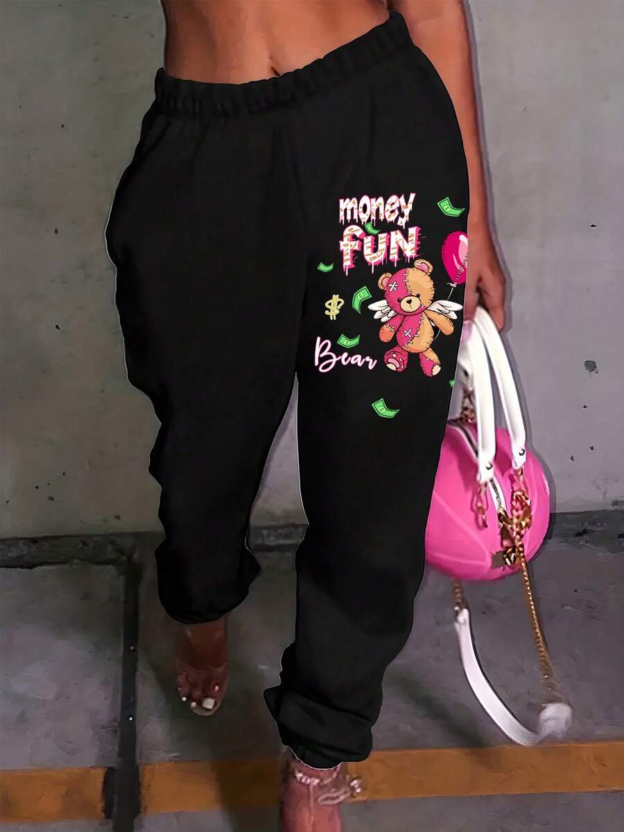 Tween Girl Bear 情书图案街头运动裤，秋冬款 - 彩色 - 查看 1