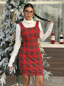 Muchica 女士新款圣诞高领白色T恤和红色格子吊带裙套装衣服 - 紅色 - 查看 3