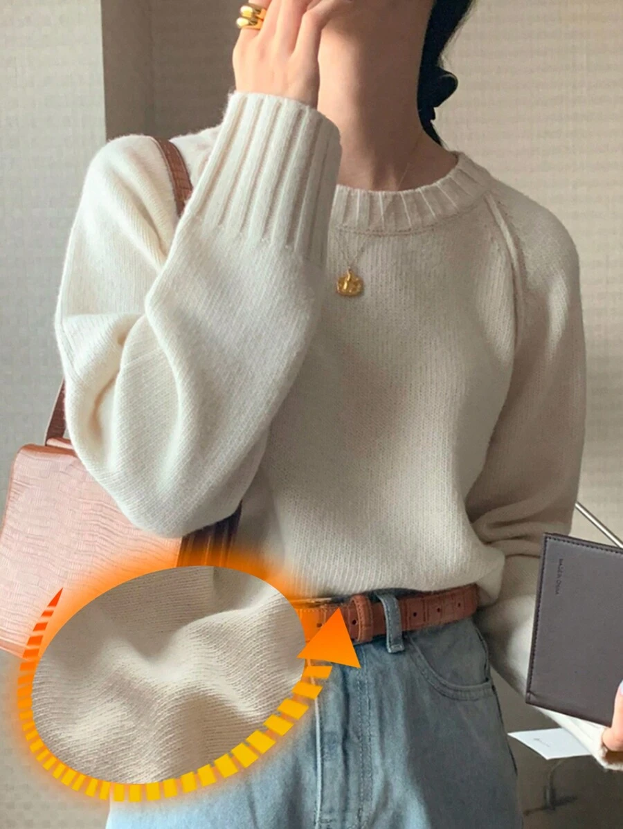 DAZY 女式圆领纯色长袖毛衣秋季 - 白色 - 查看 1