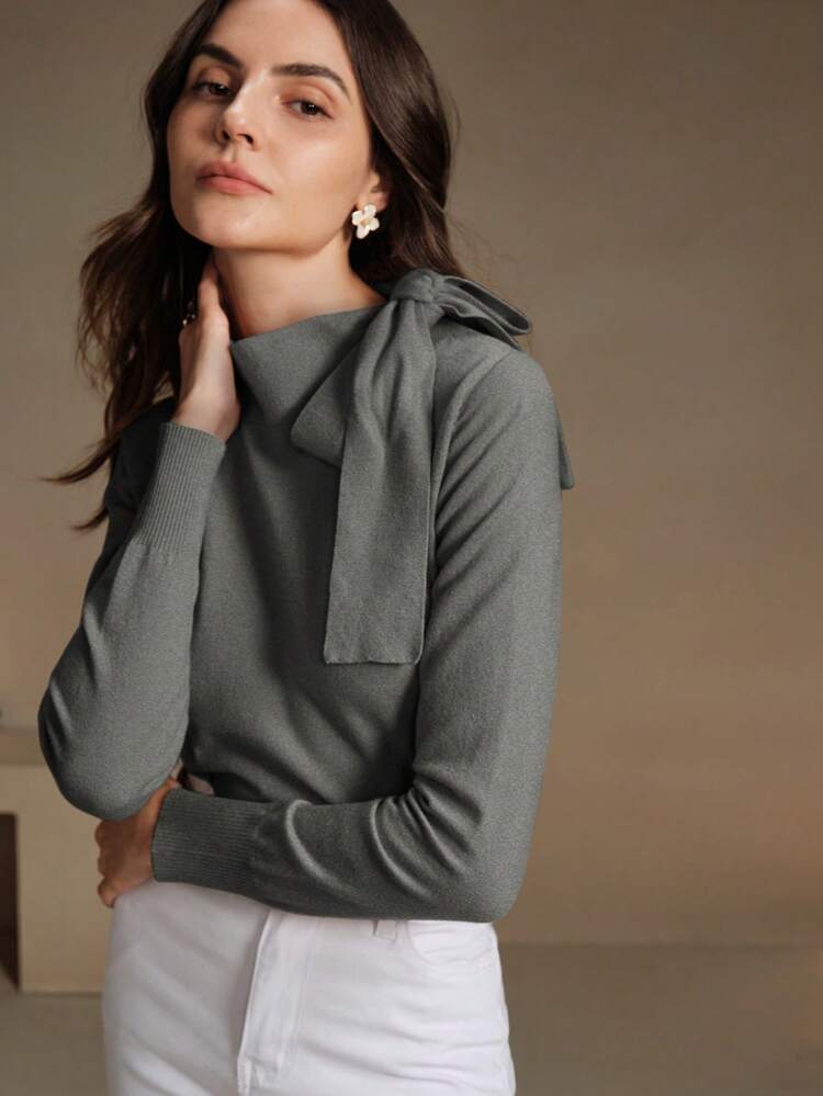Autumn/Winter Solid Color Elegant Bowknot Shoulder Design Women Knitted Pullover Sweater
