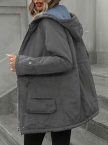 GENKIRA Women's Dark Grey Winter Casual Occasion Padded Winter Coat,Fashionable Loose Versatile Hooded Zip-Up Drawstring Waist Insulated Synthetic Jacket - Grey - View 2