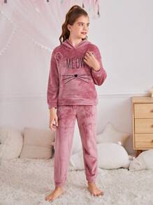 SHEIN 2 件 Tween Girl 女童卡通猫和字母印花刺绣连帽运动衫和毛绒羊毛裤柔软舒适睡衣套装，秋冬 - 粉色 - 查看 6