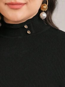 Mulvari Áo len dệt kim gân cổ đứng tay dài màu trơn cỡ lớn cho nữ, mùa thu/đông - màu đen - Xem 9