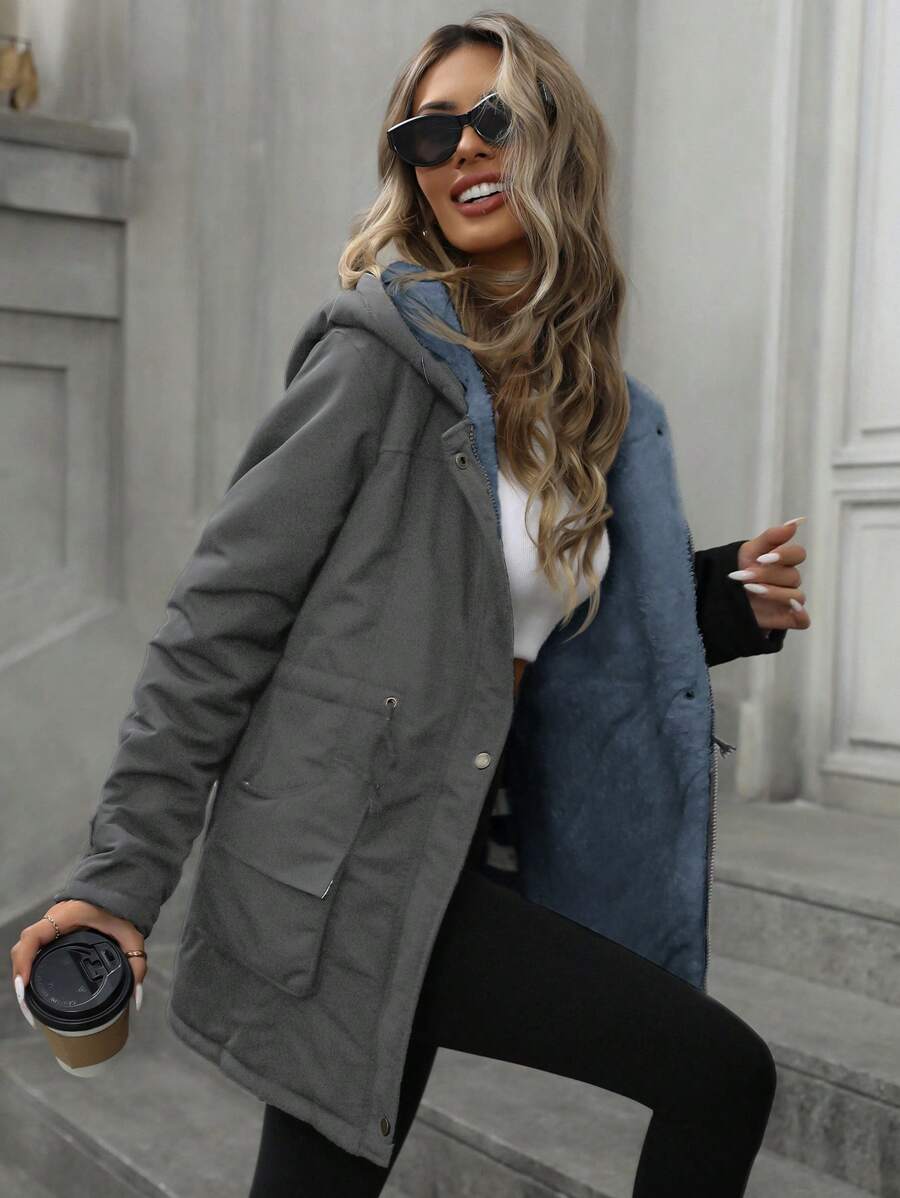 GENKIRA Women's Dark Grey Winter Casual Occasion Padded Winter Coat,Fashionable Loose Versatile Hooded Zip-Up Drawstring Waist Insulated Synthetic Jacket - Grey - View 1