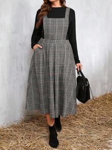 SHEIN LUNE 2pcs Plus Size Casual Solid Color Long Sleeve Top And Plaid Suspender Skirt Set, Autumn