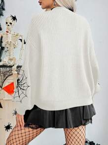 SHEIN Unity 女士万圣节蜘蛛网图案落肩休闲开衫 - 白色 - 查看 2