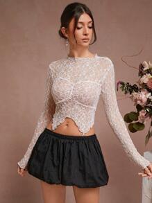 L'Amorae 时尚白色蕾丝长袖上衣，心形领口和不对称下摆 - 白色 - 查看 5