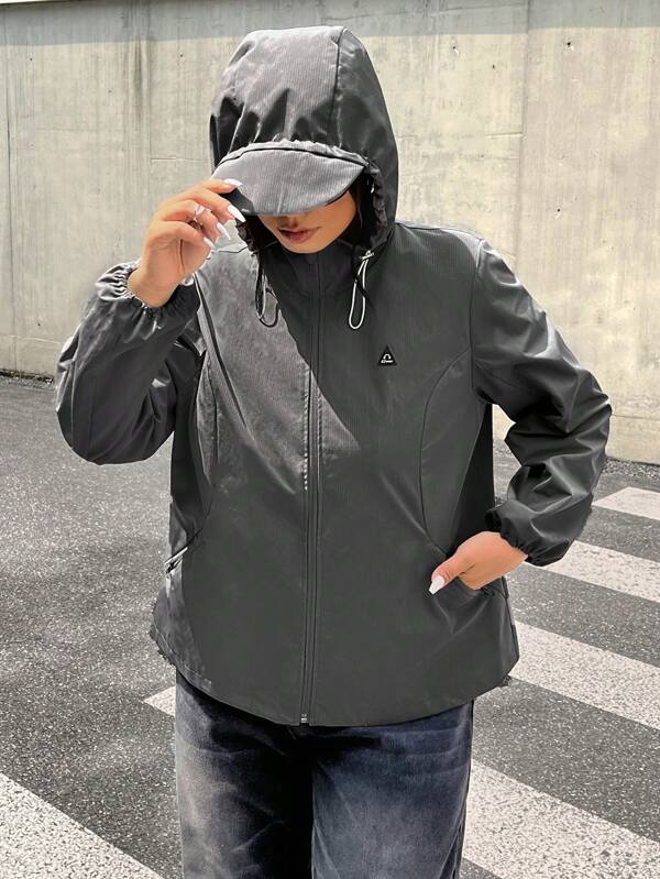 SHEIN EZwear Plus Size Plain Front Zipper Long Sleeve Casual Windproof Jacket