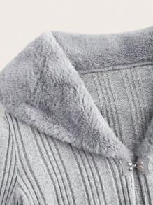 SHEIN EZwear 女士纯色蓬松翻领长袖罗纹长款休闲外套，冬季 - 淺灰色 - 查看 4