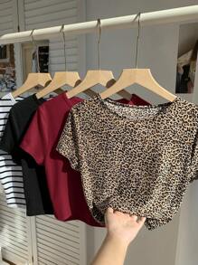 Comfortcana 4pcs/Pack Women Solid & Leopard Striped T-Shirt, Summer Fall Top - Multicolor - View 7